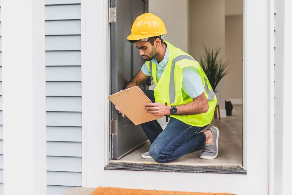 Home inspector checking a doorway, the kind of detail that changes what an insurer charges